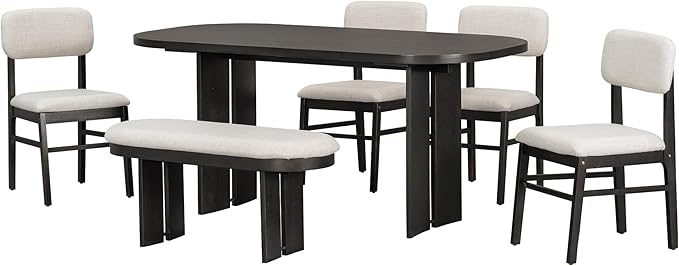 Merax Farmhouse Wooden Dining Set of 6, 65 Inch Rectangular Kitchen Table, Upholstered 4 Chairs with Backrest, Bench with Cushion, Easy Assemble, Espresso