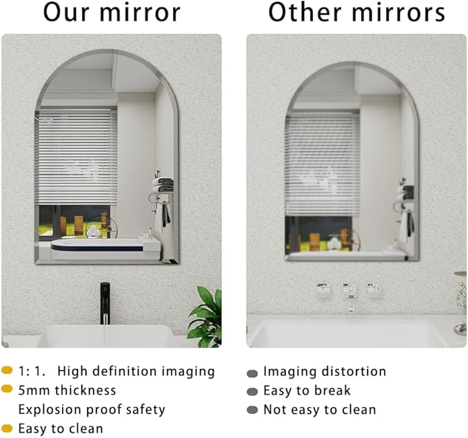 Arched Bathroom Mirror, 32X40 inch Arched Frameless Mirror, Arch Wall Mirror，Frameless Mirrors for Bathroom,Beveled Bathroom Mirror.