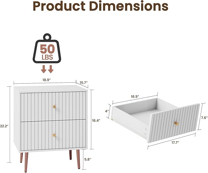 White Night Stand Set 2,Modern Bedside Table with 2 Drawers Storage,Fluted Nightstand and Wood End Side Table with Rose Gold Metal Legs and Handles for Bedroom,White