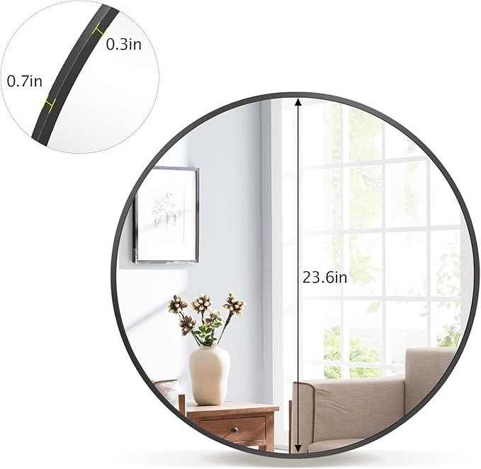 Round Mirror 23.6" Black Wall Mounted Circle Mirrors Vanity Mirror with Aluminum Alloy Frame Modern Decoration for Bathroom, Living Room, Vanity, Bedroom, Entryway
