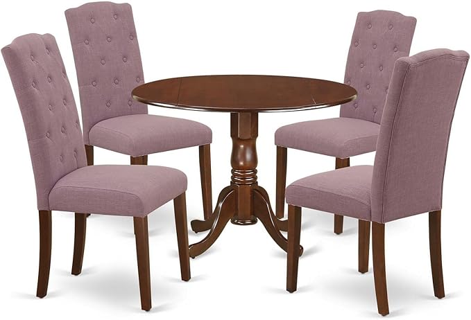 East West Furniture DLCE5-MAH-10 5 Piece Dining Room Table Set Includes a Round Kitchen Table with Dropleaf and 4 Dahlia Linen Fabric Parson Dining Chairs, 42x42 Inch, Mahogany