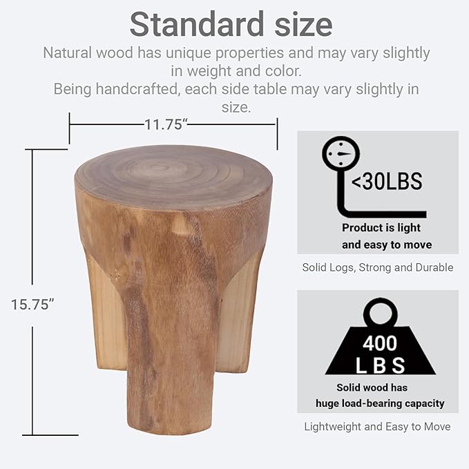 Athaliah Wood Side Table Stump, 15.75" H Rustic End Table Stool, Round Wooden Tree Stump for Garden Patio Lawn Home Decor