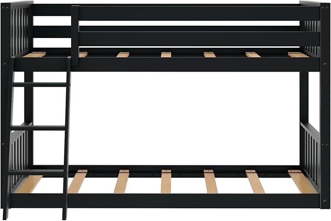 Max & Lily Low Bunk Bed, Scandinavian Modern Bunk Bed, Solid Wood Twin-Over-Twin Bed Frame for Kids, No Box Spring Needed, Black