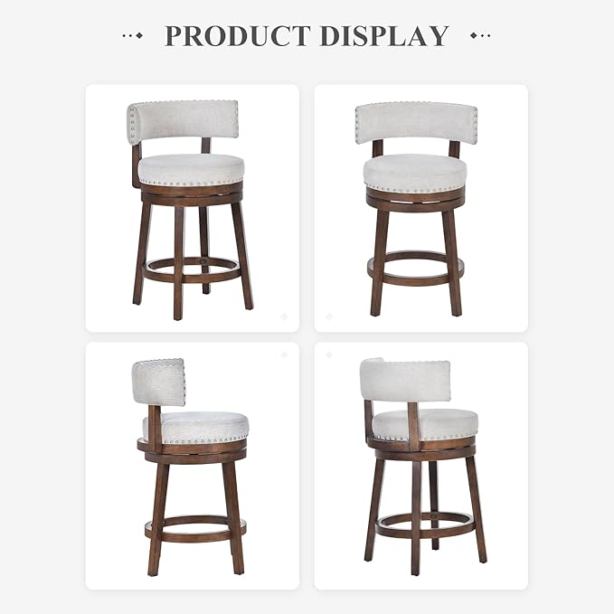 COLAMY Swivel Bar Stool Set of 2, Modern Swivel Barstool with Back, Counter Height Bar Stools, 25 Inch Upholstered Wood Barstool for Kitchen Island Dining Room Bar, Beige