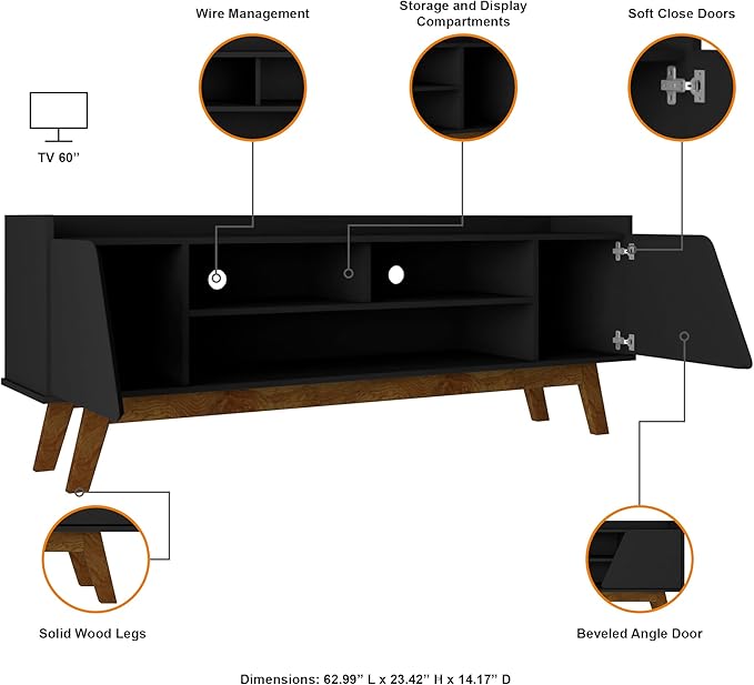Manhattan Comfort Marcus Mid Century Modern 65 Inch TV Stand with Solid Wood Legs, Cable Management, 5 Shelves and Soft Close Doors, Entertainment Center and Media Console for Living Room, Black