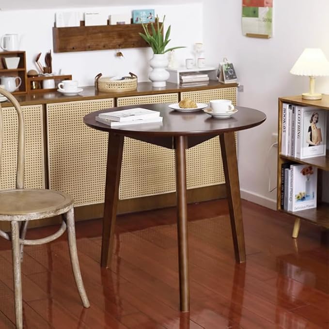 Rustic Round 3 Legs Casual Dining Table, Dark Brown Rubberwood Coffee Table End Table Modern Leisure Table Small Dining Room Kitchen Furniture for Small Space
