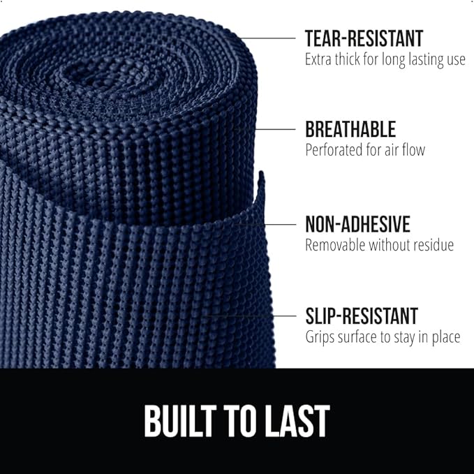 GORILLA GRIP powerGRIP Drawer Shelf and Cabinet Liner, Thick Strong Hold, Non-Adhesive Liners Protect Kitchen Cabinets and Cupboard, Bathroom Drawers, Easy Install, Breathable Mat, 12" x10', Navy Blue