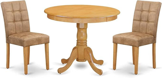 East West Furniture ANAS3-OAK-28 3 Piece Modern Dining Set consists A Dining Room Table and 2 Brown Textured Polyester Fabric Upholstered Dining Chairs, Oak
