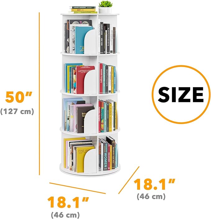 SpaceAid 4 Tier Rotating Bookshelf Tower, Spinning Bookcase Lazy Susan, Revolving 360 Book Shelf Storage Round Carousel, Vertical Rotate Turning Spiral Corner Organizer, White