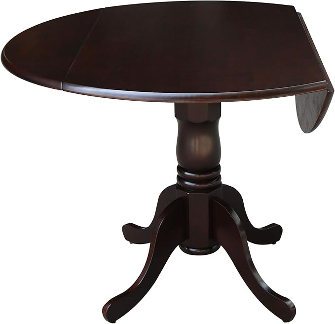 IC International Concepts, 42" Round Dual Drop Leaf Pedestal Dining Table, Solid Real Wood, Sturdy Parawood, Rich Mocha