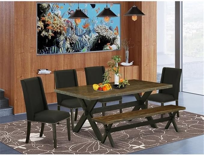 East West Furniture X677FL624-6 6 Piece Dining Set Contains a Rectangle Dining Room Table with X-Legs and 4 Black Linen Fabric Parson Chairs with a Bench, 40x72 Inch, Multi-Color