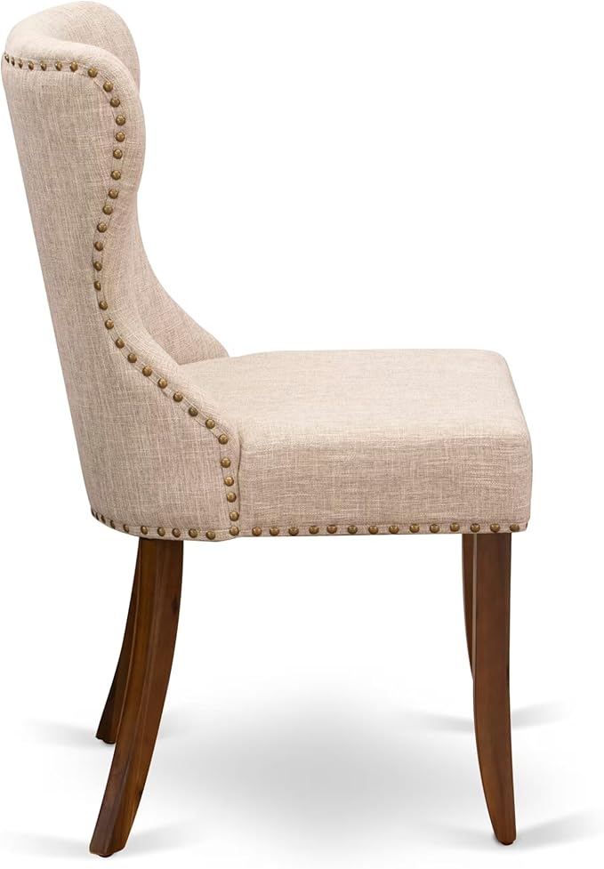 NKSI9-AWA-04 9-Piece Dining Table Set Consists of a Dining Table and 8 Light Tan Linen Fabric Kitchen Chairs with Button Tufted Back - Antique Walnut Finish