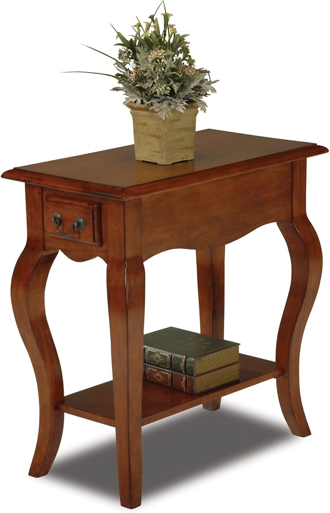 Leick Home Side Table, One Drawer, French Cabriole Leg, Shelf, Solid Poplar, Brown Cherry Finish, 12.5 in W x 23.5 in D x 24 in H, 9018-BR
