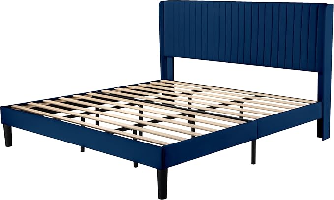 Allewie King Size Velvet Bed Frame/Vertical Channel Tufted Wingback Headboard/Upholstered Platform Bed/Strong Wooden Slats/No Box Spring Needed/Easy Assembly/Blue