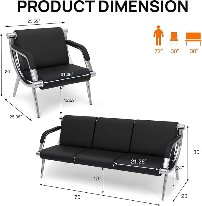wonline 4 Seat Waiting Room Chair with Armrest PU Leather Office Furniture, Office Guest Seating Lobby Conference Reception Chairs for Airport Clinic Hospital Bank Salon Barber(Black)