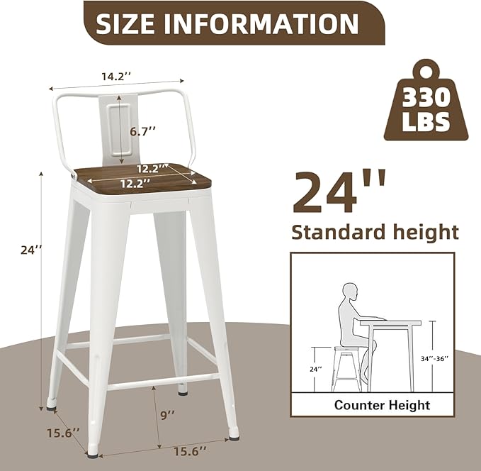24 Inch Swivel Bar Stools Set of 4, Counter Height Bar Stools with Low Back, Metal Industrial Bar Chairs for Kitchen Island (White)