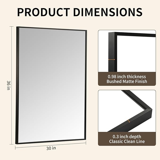 Matte Black Mirror, 30x36 Inch Aluminum Framed Rectangle Mirror, Anti-Rust, Tempered Glass, Square Corner Wall Mirror for Over Sink, Vanity, Bedroom, Entryway, Horizontal/Vertical