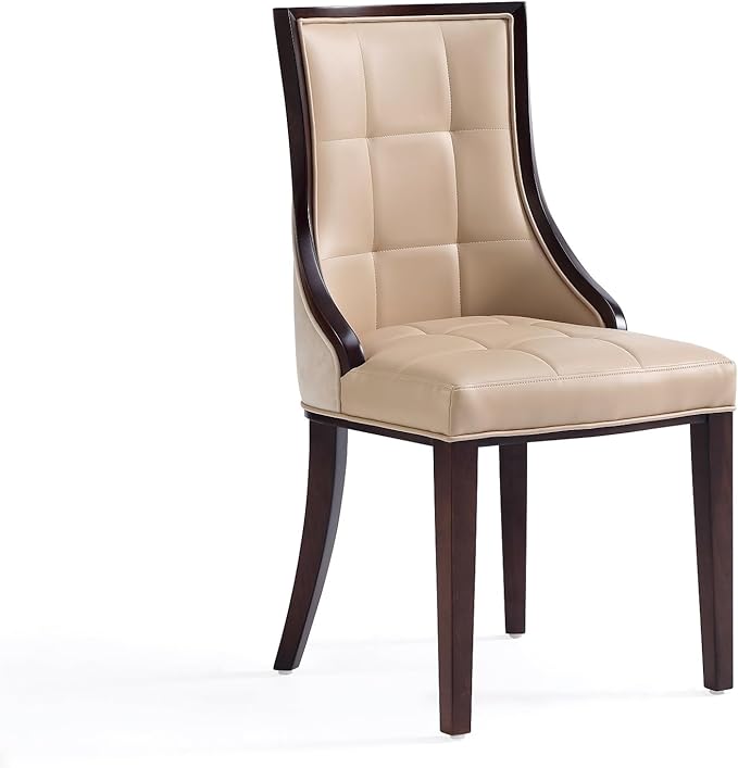 Manhattan Comfort Fifth Avenue Faux Leather Dining Chairs, Parsons Accent Furniture with Padded Wingback Seat, Fine Rectangular Stitching and Solid Beech Wood Frame, Set of 2, Tan