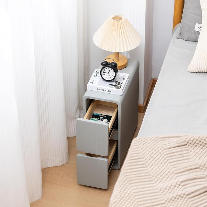 Narrow Nightstand, Solid Wood Night Stand for Small Spaces, Couch, Gray Color 11.81 in Wide