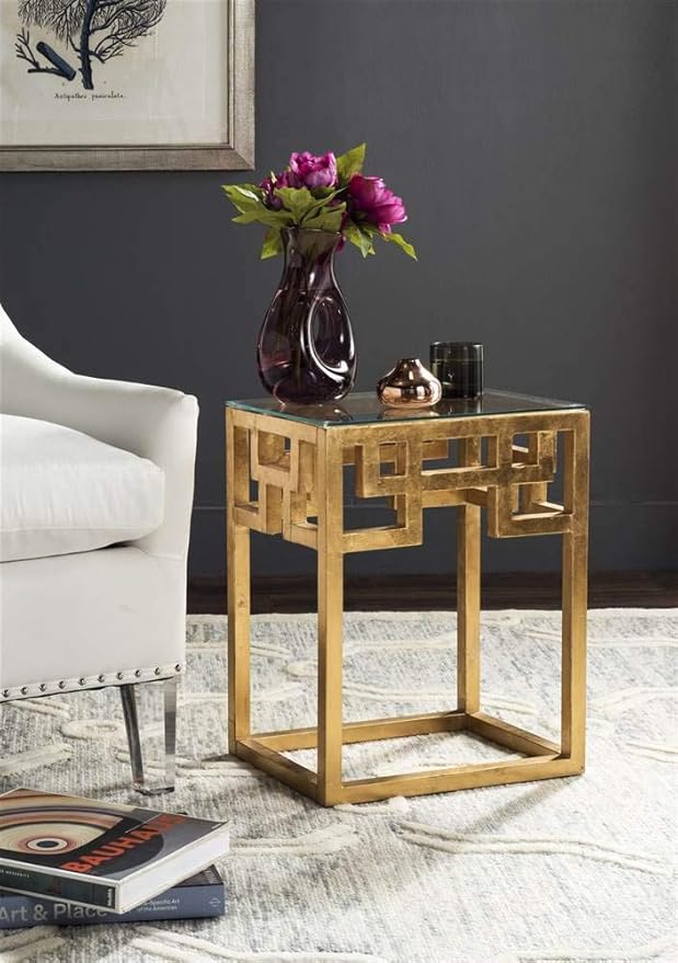 SAFAVIEH Home Collection Byram Greek Key Gold Glass Top End Table