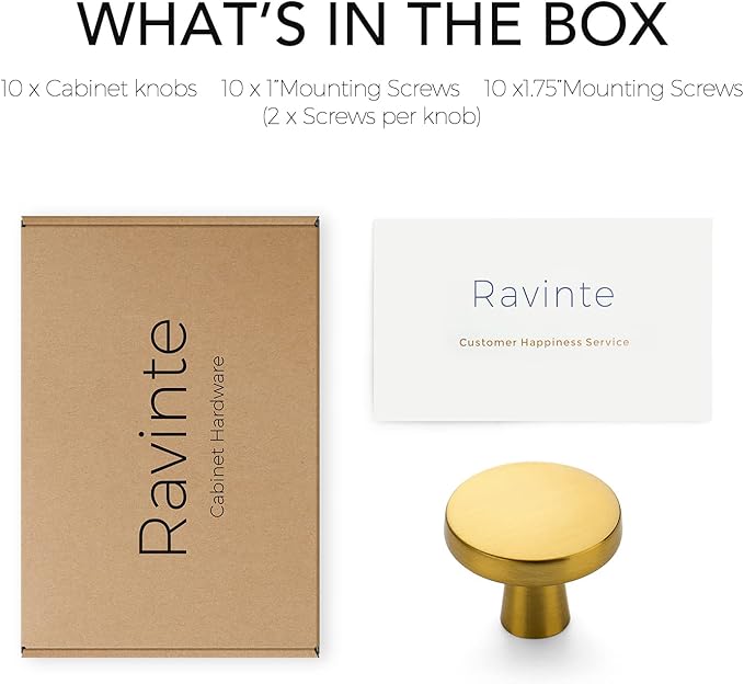 Ravinte 10 Pack Drawer Pulls 1-1/4 Inch Kitchen Cabinet Knobs Solid Brushed Brass Round Dresser Drawer Knobs Gold Dresser Knobs Drawer Knobs Simple Cabinet Hardware for Cupboard Drawer Pulls