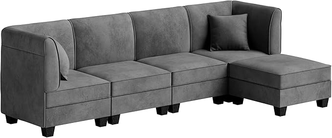 Shintenchi 5 Pieces Sectional Couch Modular Sofa,U Shaped Reversible Chaise Velvet SofaCouch with Cushions,Modular Sectional Sofa with Ottoman for Living Room (Dark Grey)