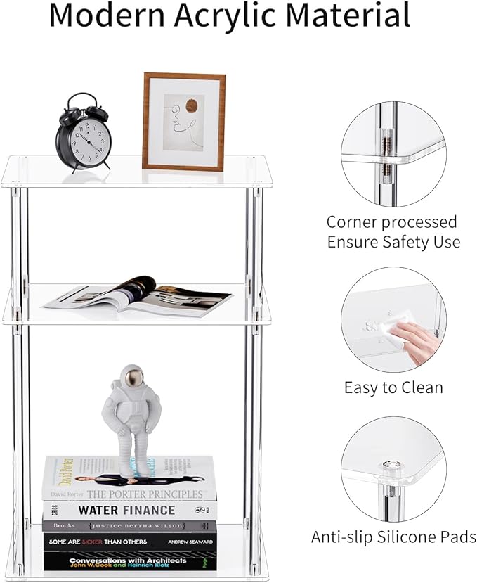 Clear Acrylic Side Table, 3-Tier End Table for Living Room, Small Bedside Tables Nightstand for Bedroom Set of 2, Home Decor Accent Table, 15.7" L x 11.8" W x 23.6" H