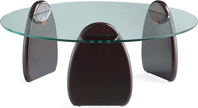 Manhattan Comfort Artesia Round Coffee Table with Sleek Tempered Glass Top, Solid Wood Base, and Contemporary Design, Living Room Accent Furniture for Modern Homes, Centerpiece, Dark Walnut