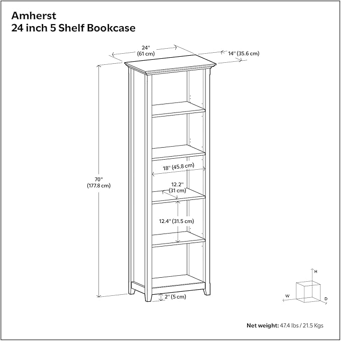 SIMPLIHOME Amherst Bookcase - 70 inch Tall 5-Shelf Solid Wood Bookshelf in Black, Transitional Storage for Living Room, Study Room or Office with Adjustable Shelves and Tapered Legs