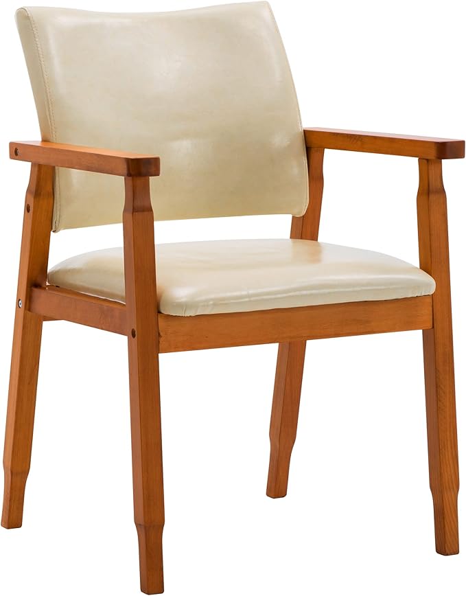 NOB Mid-Century Dining Side Chair with Faux Leather Seat in Beige, handrail Chair