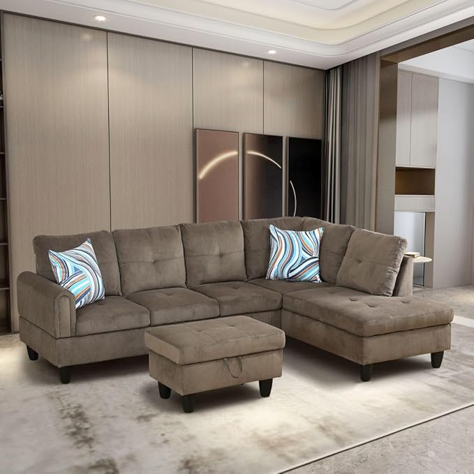 Brown L-Shaped 3-Piece Corduroy Sofa with Storage Ottoman Set, Sectional Couch Sofa Set for Living Room, Office, Small Space