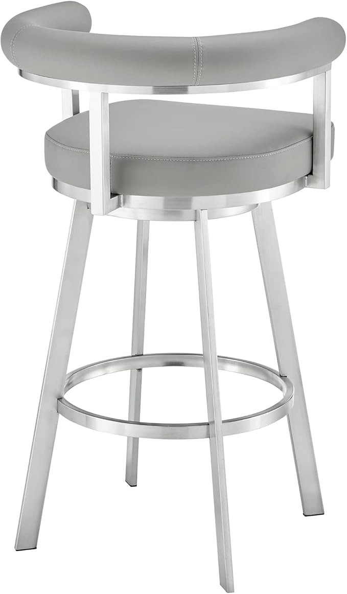 Armen Living Magnolia Swivel Bar Stool in Brushed Stainless Steel with Light Grey Faux Leather