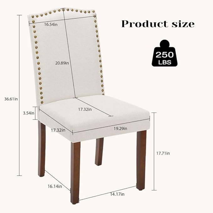 Kitchen Chairs Set of 2 Modern Upholstered Fabric Seat with Nailhead Trim and Ergonomic Lumbar Support for Living Room and Rustic Farmhouse Dining Area, Beige