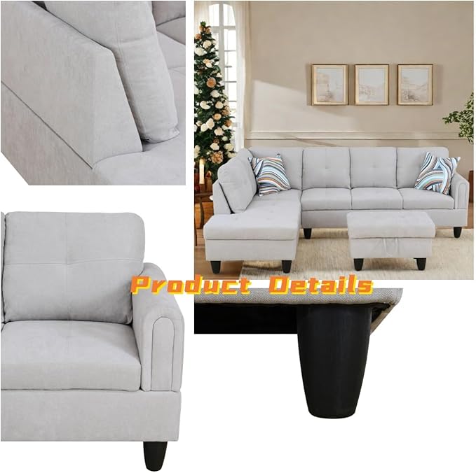 L Shaped Sectional Couch with Otttoman, 97" Sectional Sofa for Living Room Flannel Modular Couches with Cup Holders for Bedroom, Apartments, Light Grey