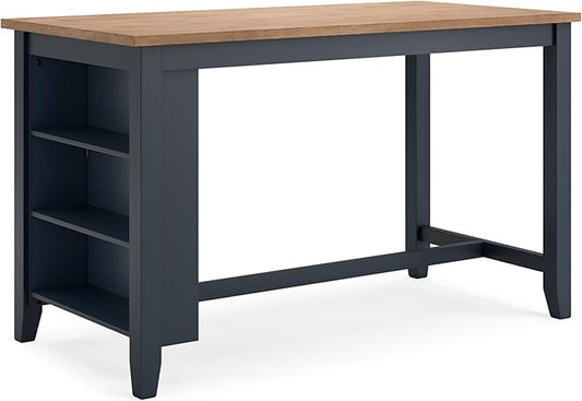 Signature Design by Ashley Gesthaven Modern Counter Height Dining Table with 3 Shelves and Trestle Base, Light Brown & Blue