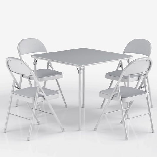 VECELO Portable Folding Card Table Square and Chair Set (5pc) with Collapsible Legs & Vinyl Upholstery, Metal, Grey