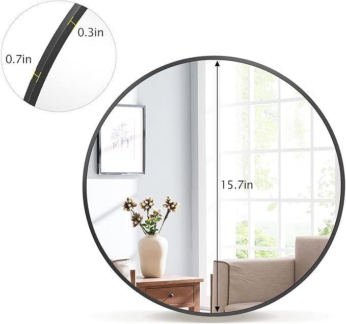 Round Mirror 15.7" Black Wall Mounted Circle Mirrors Vanity Mirror with Aluminum Alloy Frame Modern Decoration for Bathroom, Living Room, Vanity, Bedroom, Entryway