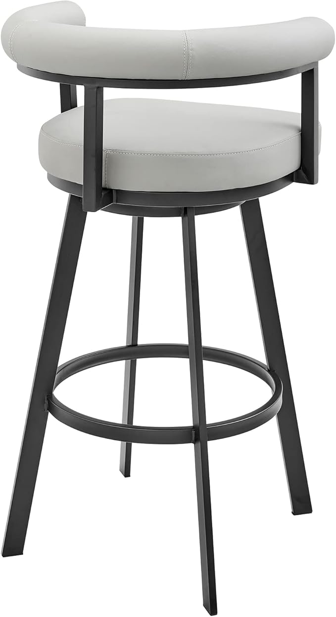 Armen Living Magnolia Swivel Bar Stool in Black Metal with Light Grey Faux Leather