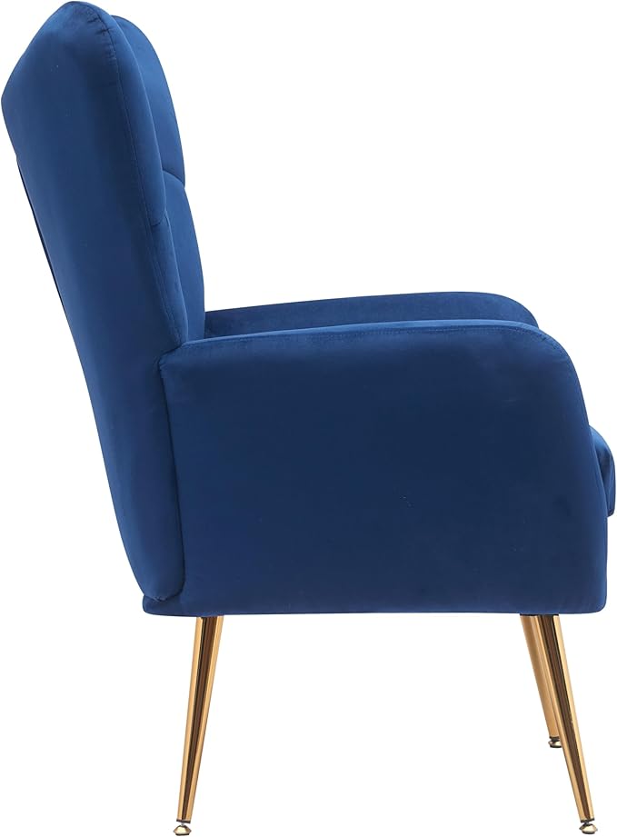Container Furniture Direct Modern Chic Mid-Century Velvet Accent Armchair for Living Room, Bedroom, or Home Office, Button-Tufted Wingback Design with Gold Flared Legs, Navy Blue