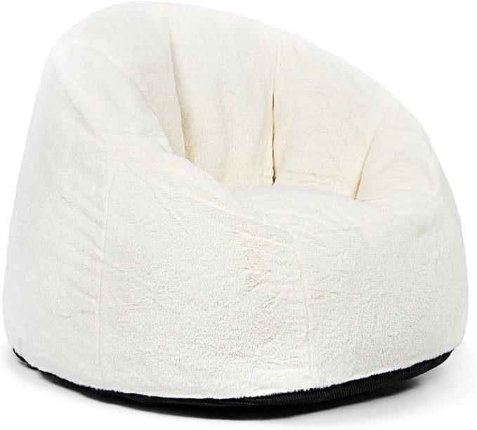 N&V Medium Shell Bean Bag Chair, Adult Size Bean Bag Sack, Foam Filling, Includes Removable and Machine Washable Cover, 37in, Soft Faux Fur, White