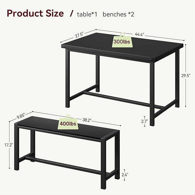 Dining Table Set for 4 with 2 Benches, 3-Piece Kitchen Table Set, Space-Saving Dining Set for Kitchen, Dining Room, Black