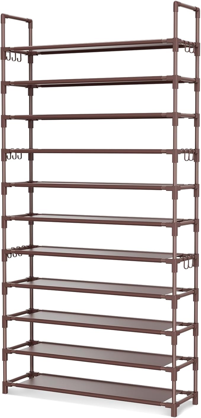 11 Tiers Tall Shoe Rack Holds 55 Pairs of Shoes with 18pcs Hooks Sturdy Wide Shoe Organizer Storage Free Standing Metal Shoe Shelf for Closet, Entryway Brown