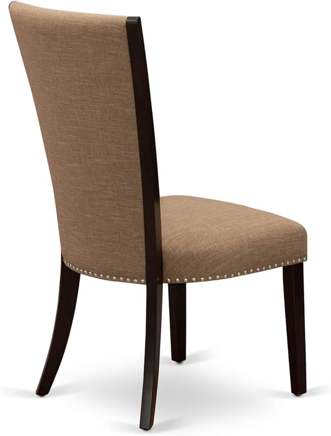East West Furniture VEP3T47 Verona Modern Parson Chairs - Nailhead Trim Light Sable Linen Fabric Upholstered Dining Chairs, Set of 2, Mahogany
