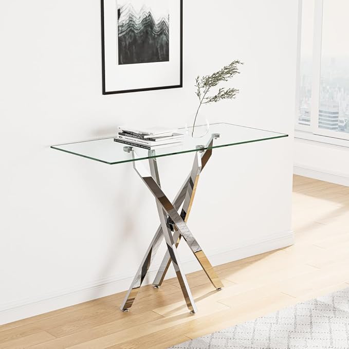 Tempered Glass Console Table with Chromed Legs, Modern Narrow Sofa Table for Hallway Entryway (Sliver, 47"x18"x30")