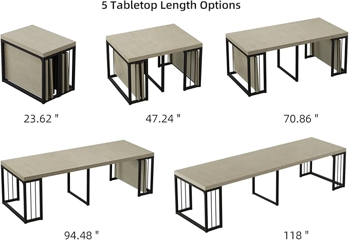 KEIKI 23.62" - 118" L Extendable Foldable Dining Room Table for 2-10 People, Wood Modern Rustic Rectangle Expandable Kitchen Living Meeting Room Furniture, 5 Tabletop Length Options