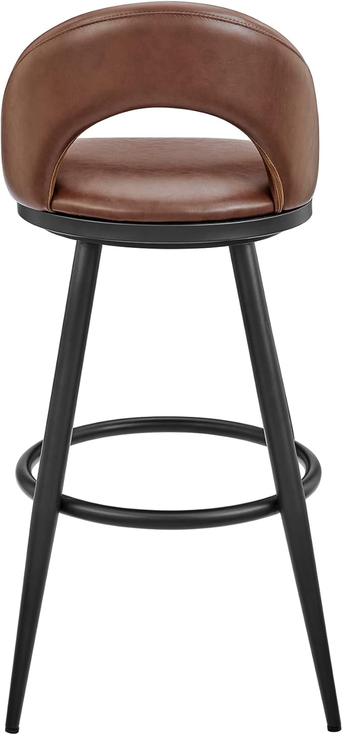 Armen Living Charlotte Swivel Bar Stool in Black Metal with Brown Faux Leather