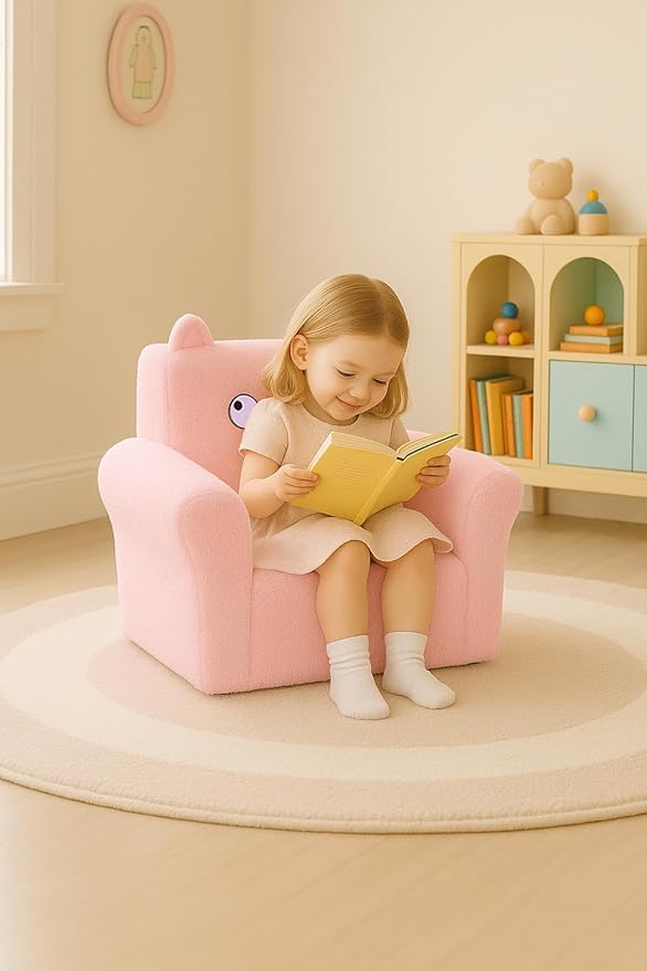 Cute Animal Toddler Foam Chair, Soft Faux Rabbit Fur, Comfy Toddler Lounge Chair and Couch with Arms, Removable Washable Cover, Kids Reading, Relaxing, for Playroom, Bedroom, Ages 1-3, Pink Cat