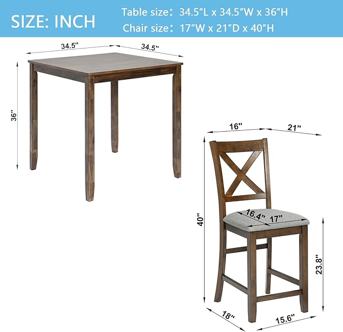 KEIKI 5-Piece Counter Height Dining Table Set with Square Table and 4 Upholstered X-Shaped Backrset Chair, for 4 Person, Modern Style Wooden Table Set, Easy Assembly, for Kitchen, Dining Room, Walnut