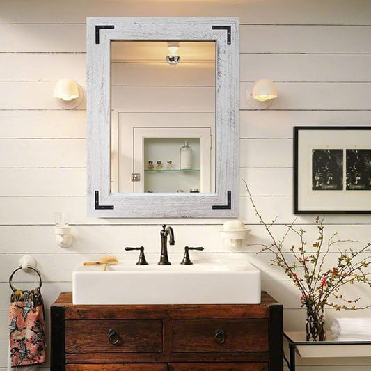 YOSHOOT Rustic Wooden Framed Wall Mirror, Natural Wood Bathroom Vanity Mirror for Farmhouse Decor, Vertical or Horizontal Hanging (26" x 18", White Grey)