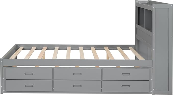 Full Size Pine Wood Platform Bed with Trundle,Drawers,2 Ports and 2 USB Plugs,Storage Bed with Pull Out Shelves,No Box Spring Needed,Perfect for Adults,Teens Bedroom Furniture,Gray